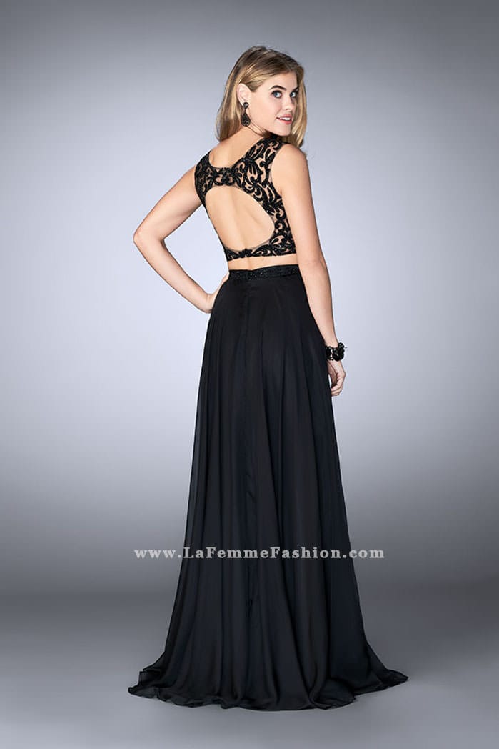 Picture of: Two Piece Chiffon Dress with Lace Top and Beaded Belt in Black, Style: 24564, Back Picture