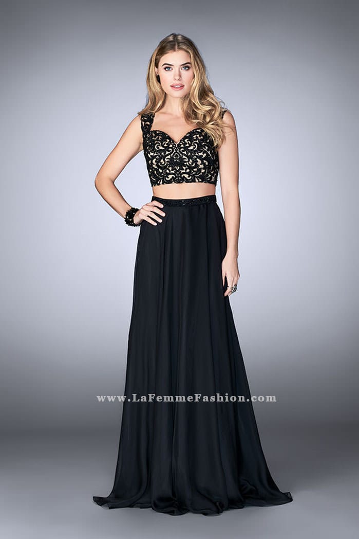Picture of: Two Piece Chiffon Dress with Lace Top and Beaded Belt in Black, Style: 24564, Detail Picture 1