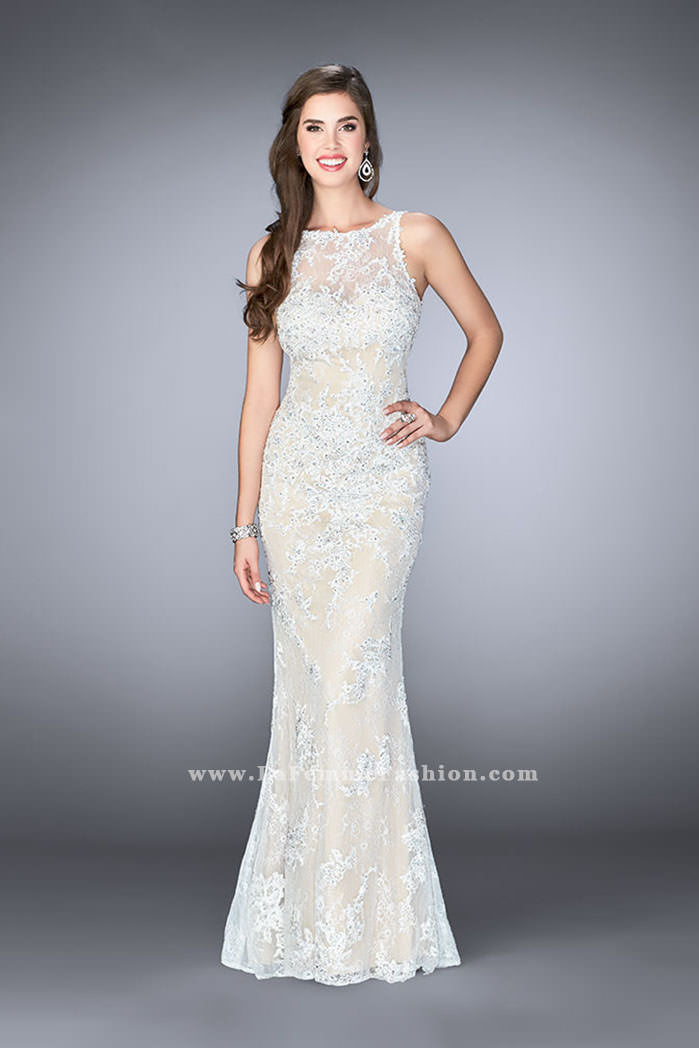 Picture of: Flare Lace Prom Dress with High Neck and Low Back in White, Style: 24565, Main Picture