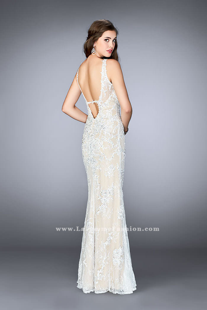 Picture of: Flare Lace Prom Dress with High Neck and Low Back in White, Style: 24565, Back Picture