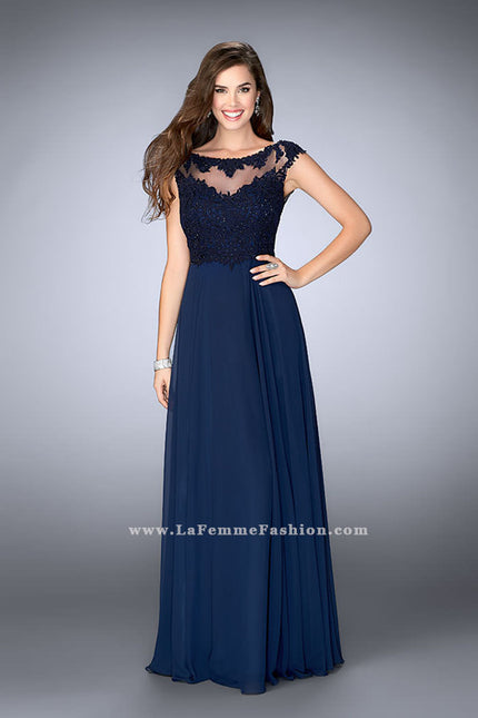 Picture of: A-line Chiffon Prom Dress with Illusion Lace Top in Blue, Style: 24572, Main Picture