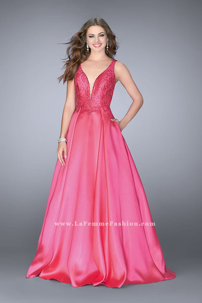 Picture of: Full A-line Mikado Gown with Beaded Deep V Neckline in Pink, Style: 24577, Main Picture