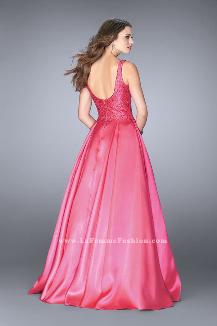 Picture of: Full A-line Mikado Gown with Beaded Deep V Neckline in Pink, Style: 24577, Back Picture
