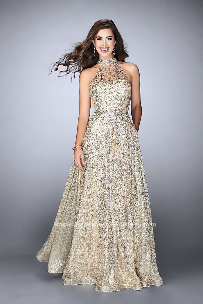 Picture of: Sequin A-line Gown with High Neck and Key Hole Back in Gold, Style: 24584, Main Picture