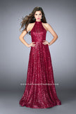 Picture of: Sequin A-line Gown with High Neck and Key Hole Back in Pink, Style: 24584, Detail Picture 1
