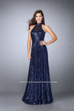 Picture of: Sequin A-line Gown with High Neck and Key Hole Back in Blue, Style: 24584, Detail Picture 3