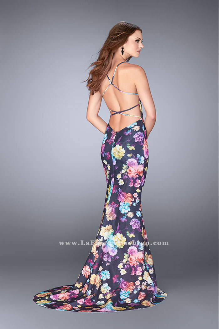 Picture of: Open Back Print Neoprene Dress with Train in Print, Style: 24632, Back Picture