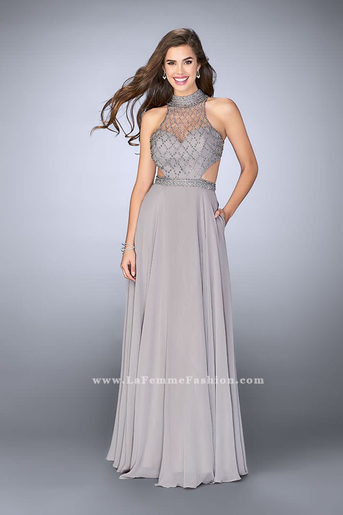 Picture of: Chiffon Gown with Beaded High Neck and Side Cut Outs in Silver, Style: 24649, Main Picture