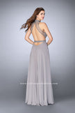 Picture of: Chiffon Gown with Beaded High Neck and Side Cut Outs in Silver, Style: 24649, Back Picture