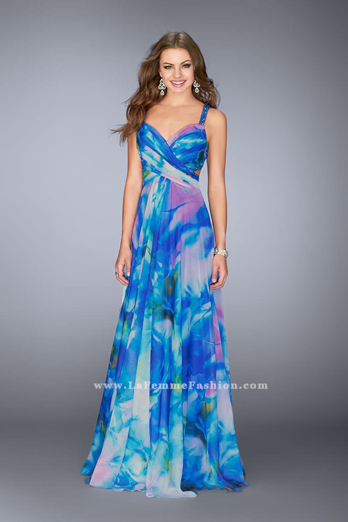 Picture of: Gathered Print Chiffon Gown with Beaded Straps in Print, Style: 24668, Main Picture