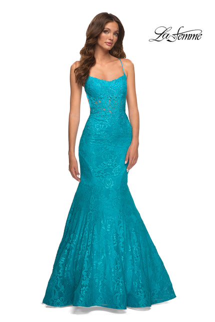 Picture of: Bright Mermaid Lace Gown with Sheer Bodice and Open Back in Blue, Style: 30612, Main Picture