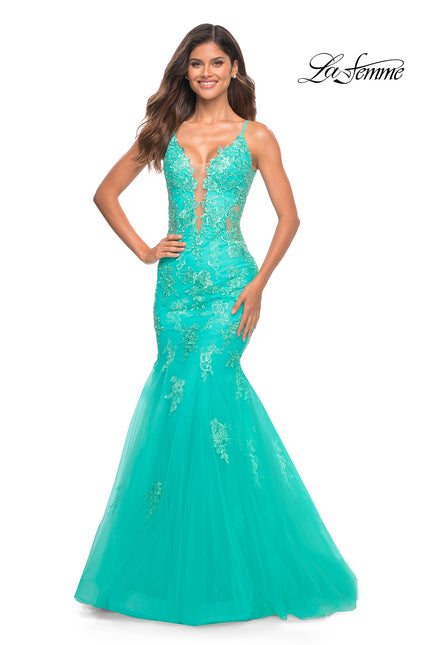 Picture of: Tulle and Lace Mermaid Gown in Aqua in Aqua, Main Picture