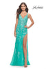Picture of: Lace Long Dress with High Side Slit and V Neckline in Aqua, Style: 31125, Main Picture