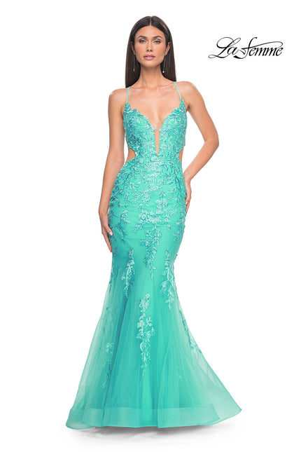 Picture of: Lace and Tulle Mermaid Gown with Side Cut Outs in Aqua, Style: 31133, Main Picture