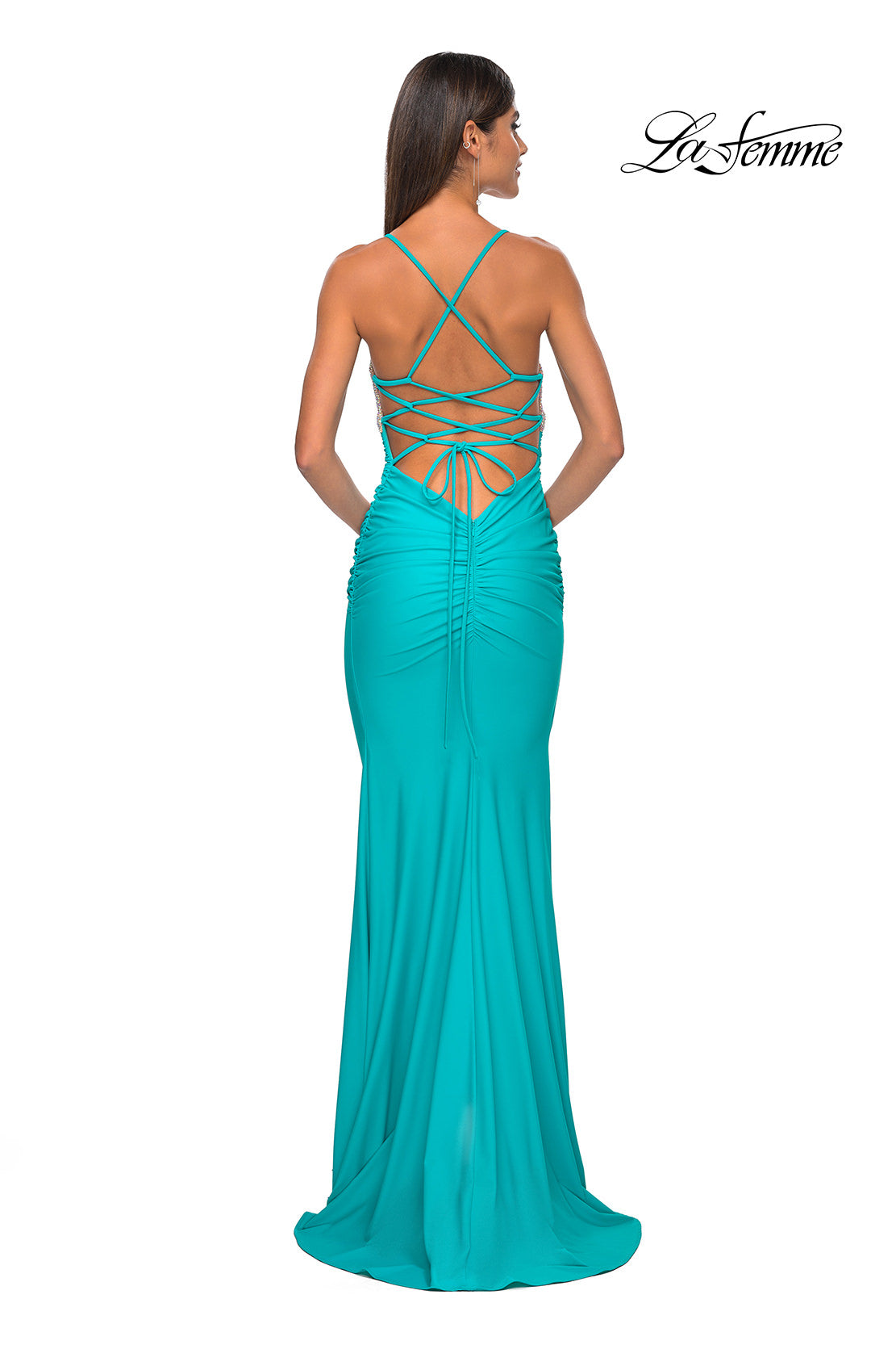 Picture of: Neon Ruched Jersey Dress with Rhinestone Mesh Draped Top in Aqua, Style: 32320, Detail Picture 14
