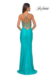 Picture of: Neon Ruched Jersey Dress with Rhinestone Mesh Draped Top in Aqua, Style: 32320, Detail Picture 14