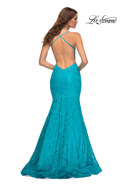 Picture of: Bright Mermaid Lace Gown with Sheer Bodice and Open Back in Blue, Style: 30612, Back Picture