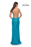 Picture of: High Neck Long Sequin Gown with Open Back in Aqua, Style: 30635, Back Picture