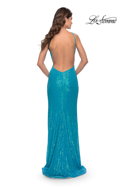 Picture of: High Neck Long Sequin Gown with Open Back in Aqua, Style: 30635, Back Picture