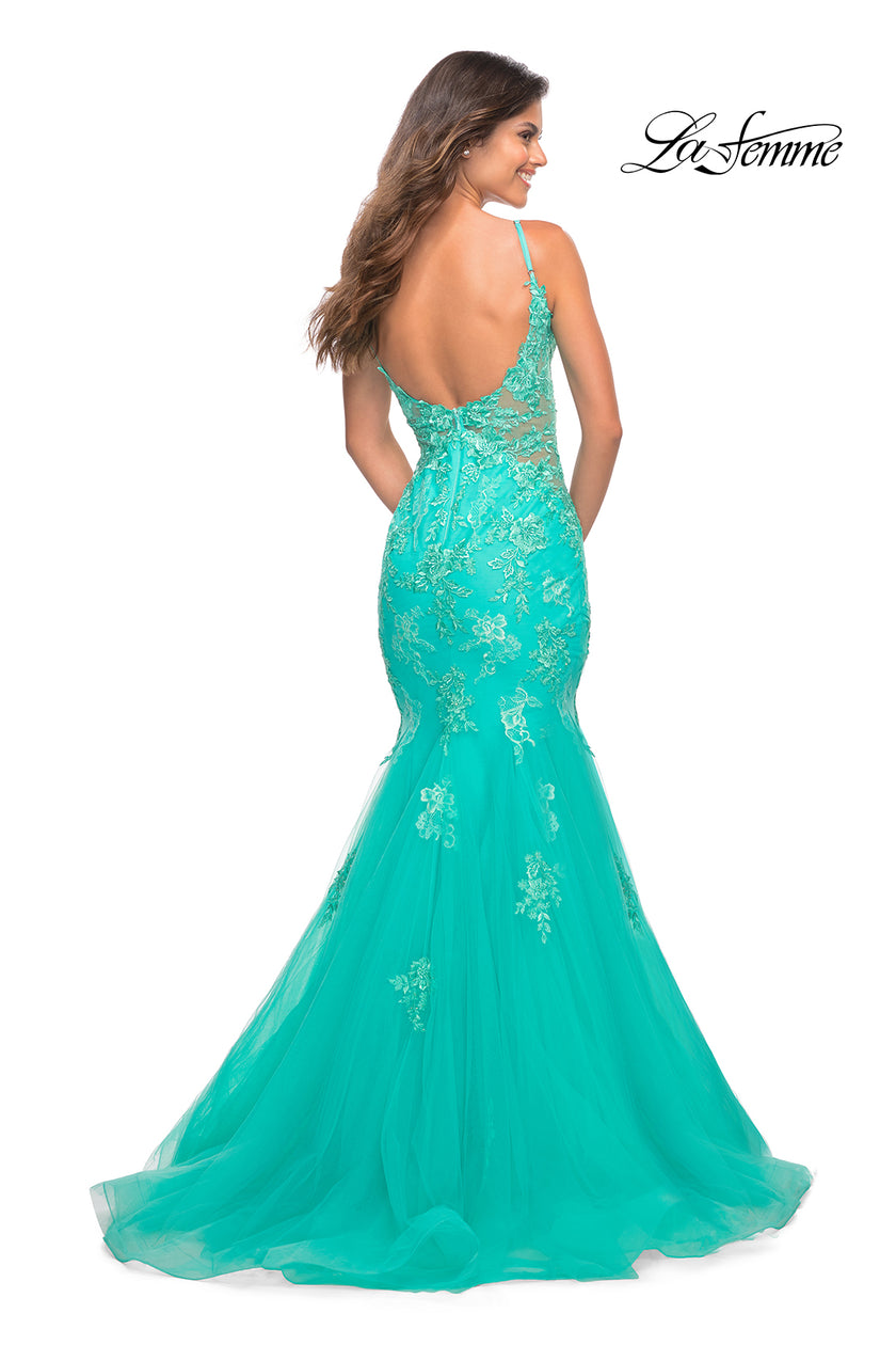 Picture of: Tulle and Lace Mermaid Gown in Aqua in Aqua, Back Picture