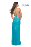 Picture of: Bright Draped Slit Long Sequin Gown with Lace Up Back in Aqua, Back Picture
