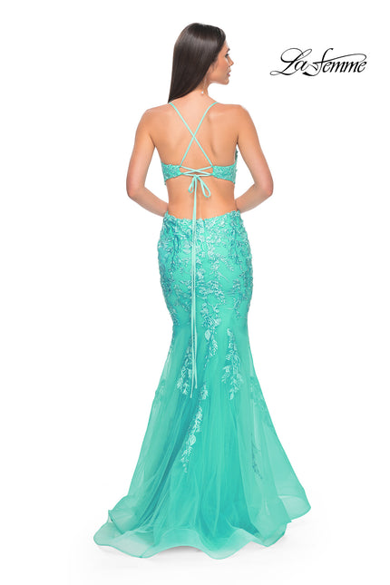 Picture of: Lace and Tulle Mermaid Gown with Side Cut Outs in Aqua, Style: 31133, Back Picture