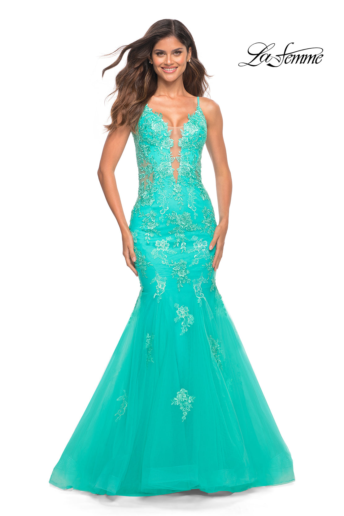 Picture of: Tulle and Lace Mermaid Gown in Aqua in Aqua, Detail Picture 1