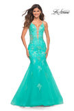 Picture of: Tulle and Lace Mermaid Gown in Aqua in Aqua, Detail Picture 1