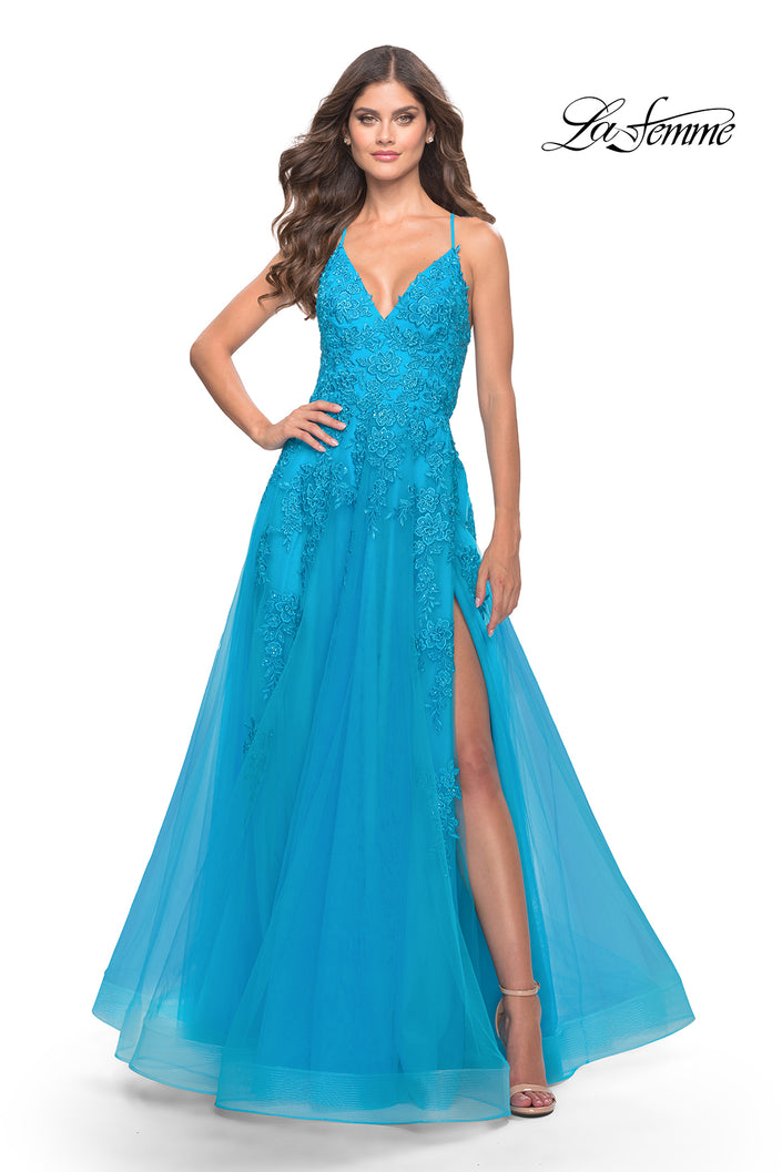 Picture of: Tulle Prom Dress with Lace Detail in Aqua, Style: 31503, Detail Picture 2