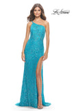 Picture of: Beaded Lace One Shoulder Dress with Unique Lace Up Back in Aqua, Style: 31515, Detail Picture 2