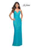 Picture of: Bright Draped Slit Long Sequin Gown with Lace Up Back in Aqua, Detail Picture 3