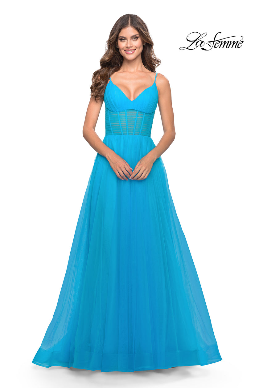 Picture of: Tulle A-line Prom Dress with Corset Sheer Bodice in Aqua, Style: 31502, Detail Picture 4