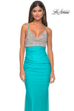 Picture of: Neon Ruched Jersey Dress with Rhinestone Mesh Draped Top in Aqua, Style: 32320, Detail Picture 4