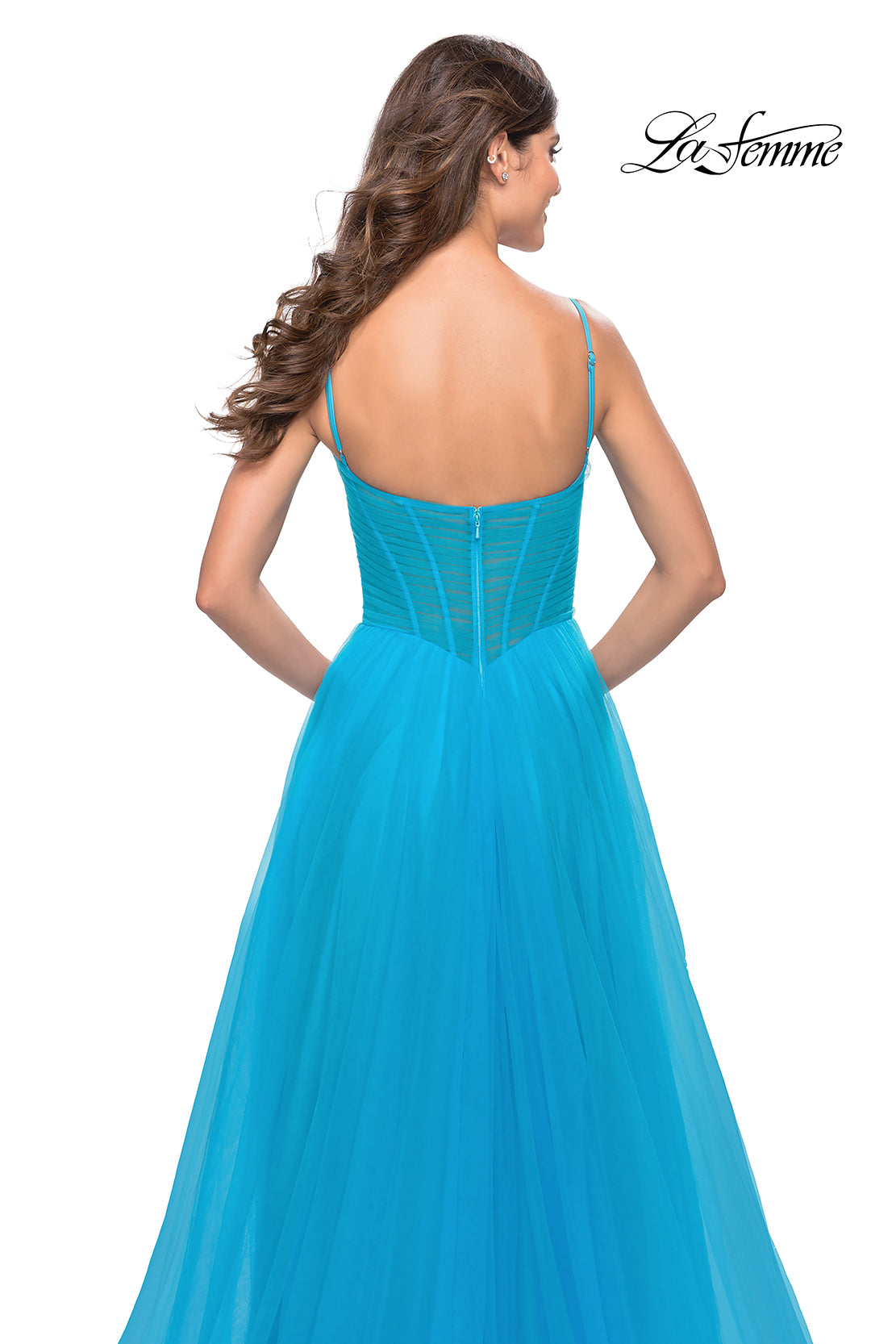 Picture of: Tulle A-line Prom Dress with Corset Sheer Bodice in Aqua, Style: 31502, Detail Picture 6