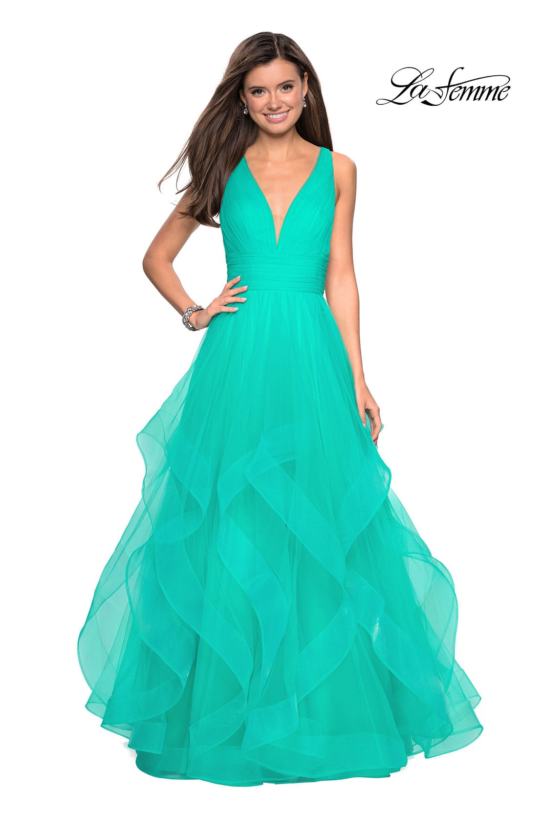 Picture of: Long Tulle Evening Gown with Plunging Neckline in Aquamarine, Style: 27628, Detail Picture 1