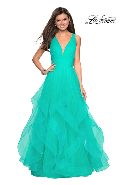Picture of: Long Tulle Evening Gown with Plunging Neckline in Aquamarine, Style: 27628, Detail Picture 1