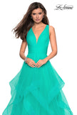 Picture of: Long Tulle Evening Gown with Plunging Neckline in Aquamarine, Style: 27628, Detail Picture 3