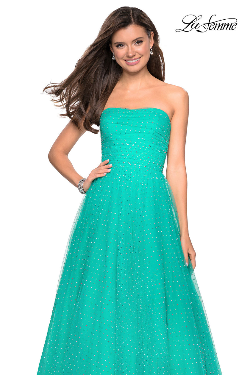Picture of: Strapless Fully Rhinestone A-Line Prom Dress in Aquamarine, Style: 27630, Detail Picture 7