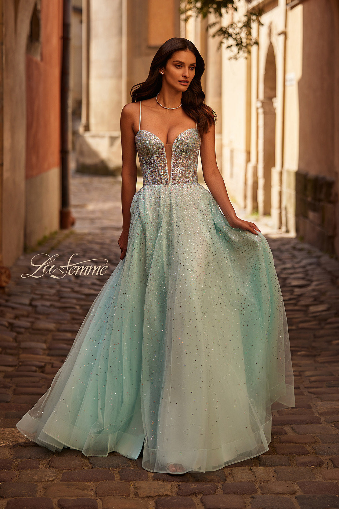 Picture of: Prom Gown with Rhinestone Tulle and Illusion Corset Bodice in Artic Blue, Style 32725, Detail Picture 1