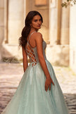 Picture of: Prom Gown with Rhinestone Tulle and Illusion Corset Bodice in Artic Blue, Style 32725, Detail Picture 3