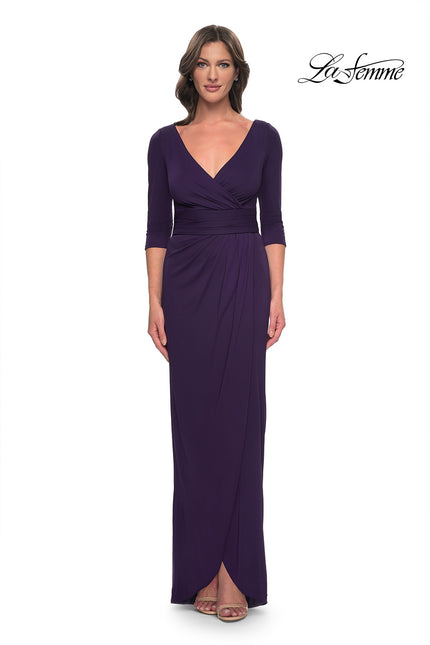 Picture of: Simple Chic Jersey Dress with Ruched Waist and V Neckline in Aubergine, Style: 31014, Main Picture