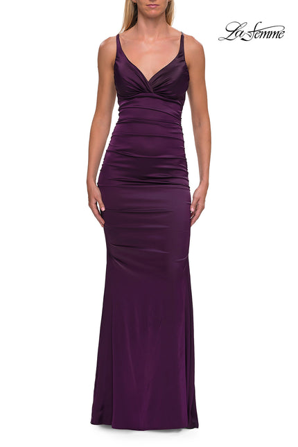 Picture of: Satin Fitted Gown with Strappy Open Back in Aubergine, Style: 33611, Detail Picture 12