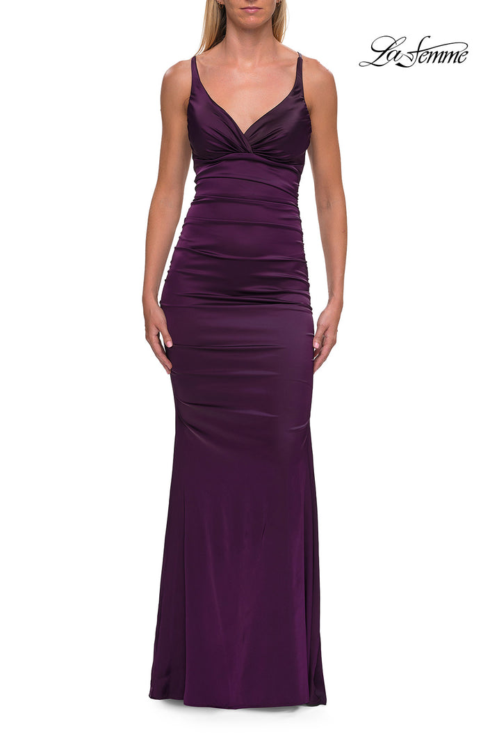 Picture of: Satin Fitted Gown with Strappy Open Back in Aubergine, Style: 33611, Detail Picture 12