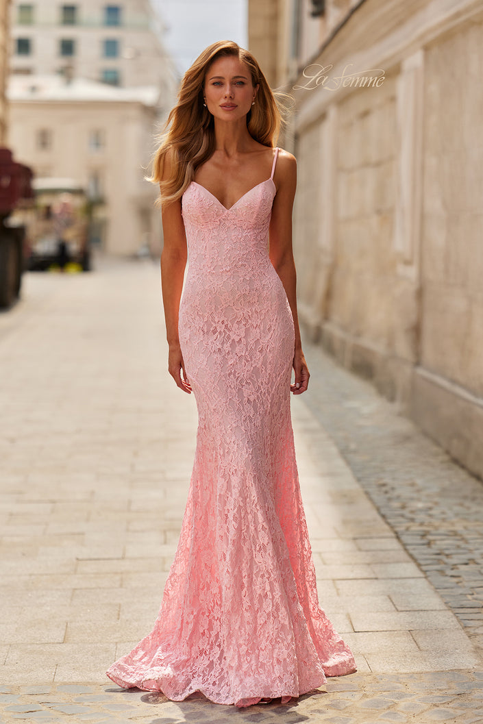 Picture of: Lace Fitted Gown with Sheer Back and Spaghetti Straps in Baby Pink, Style: 33452, Main Picture