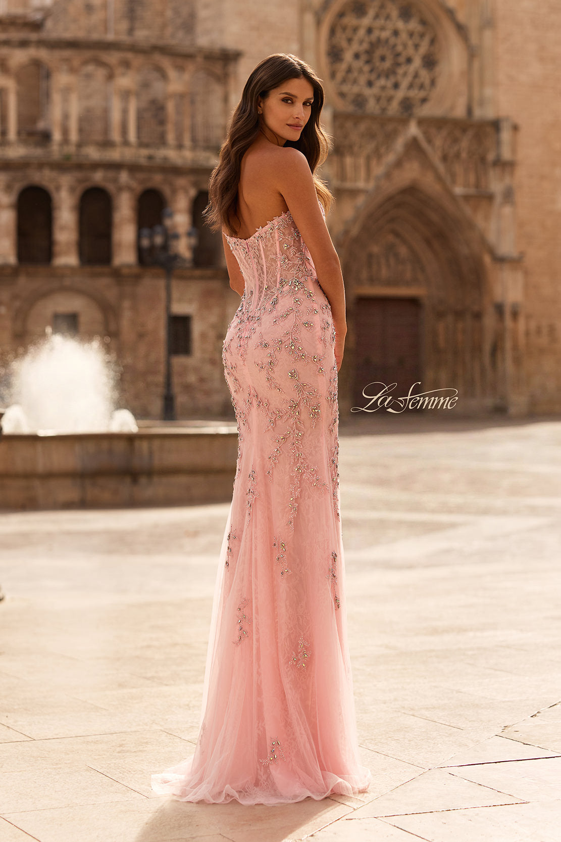 Picture of: Strapless Embellished Lace Gown with Sheer Corset Bodice in Baby Pink, Style: 33853, Detail Picture 8