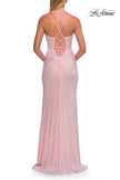 Picture of: Rhinestone Cowl Neck Gown with High Slit and Strappy Back in Baby Pink, Style: 33459, Detail Picture 9