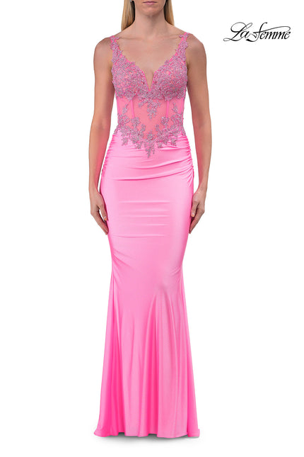 Picture of: Rhinestone Lace Illusion Gown with Low Back in Baby Pink, Style: 33731, Detail Picture 9