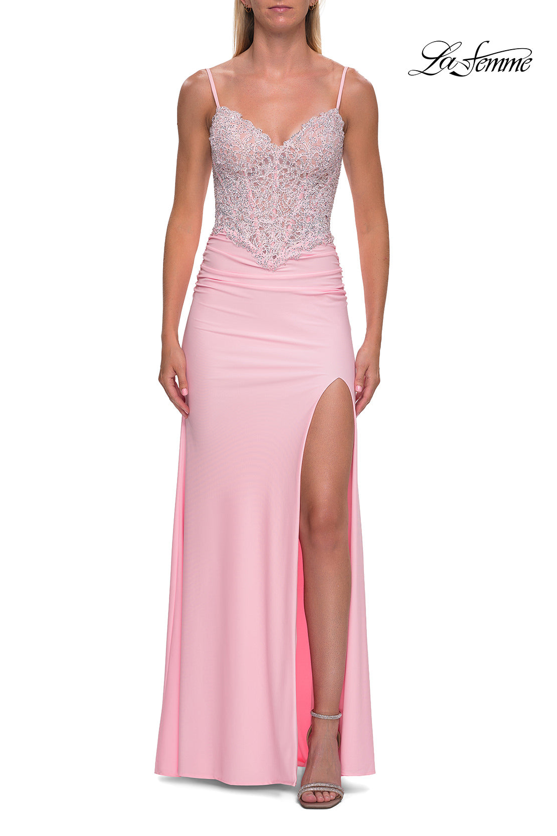 Picture of: Rhinestone Lace Bodice Jersey Gown with Slit and Low Back in Baby Pink, Style: 33439, Detail Picture 10