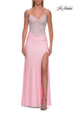 Picture of: Rhinestone Lace Bodice Jersey Gown with Slit and Low Back in Baby Pink, Style: 33439, Detail Picture 10