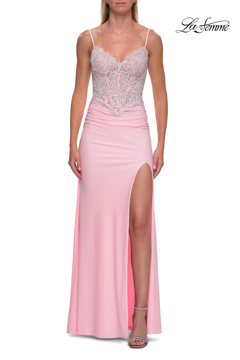 Picture of: Rhinestone Lace Bodice Jersey Gown with Slit and Low Back in Baby Pink, Style: 33439, Detail Picture 10